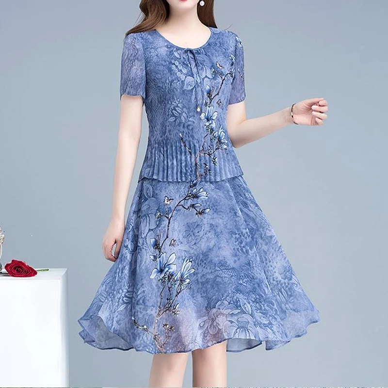 Top Trends: 2023 Women&#039;s Clothing New Elegant Fashion Casual Patchwork Printing Pleated Short Sleeve Temperament Round Neck Skinny Dresses Shoppable Styles