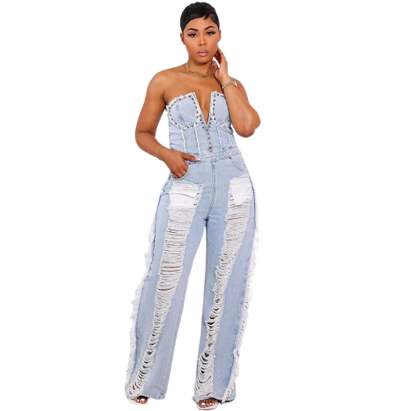 Top Trends: Fashion Broken Holes Tassel Denim Jumpsuit Female Summer Wrap Bust Backless Sleeveless Rompers Women's Mid Waist Straight Jeans Shoppable Styles