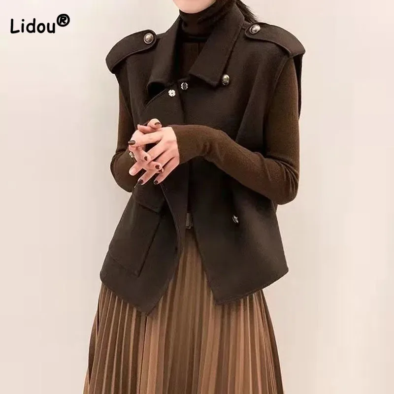 Top Trends: Elegant Fashion Solid Turn-down Collar Vests Coat Women&#039;s Clothing Autumn Winter Korean All-match Button Spliced Sleeveless Coat Shoppable Styles