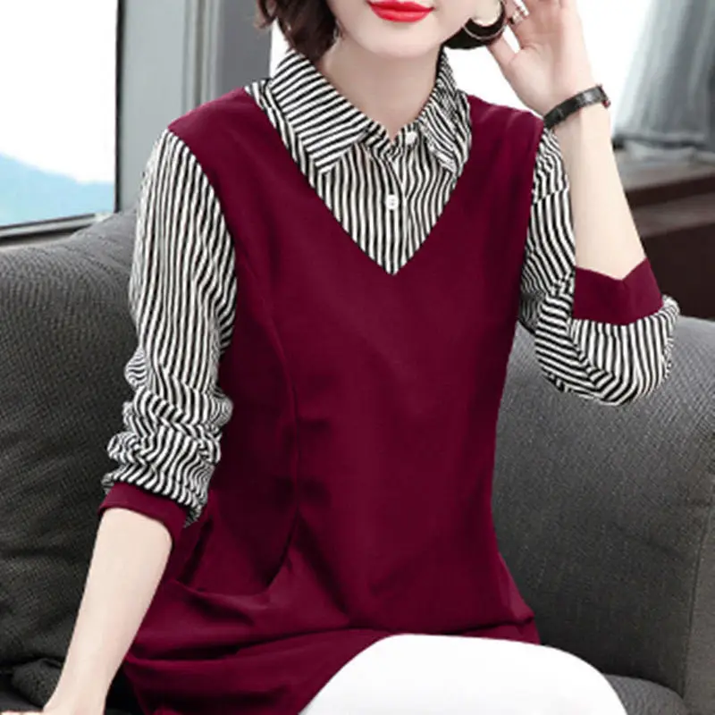 Top Trends: Fashion Lapel Spliced Striped Fake Two Pieces Blouse Women&#039;s Clothing 2023 Spring New Oversized Casual Pullovers Korean Shirt Shoppable Styles