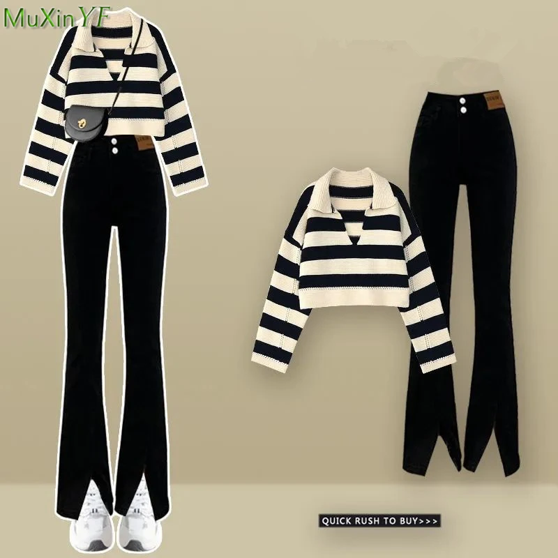 Top Trends: Women Spring Autumn Vintage Stripe Polo Knit Tops Casual Sweater Pullover Flare Pants Two Piece Set Slim Black Trousers Outfits Shoppable Styles