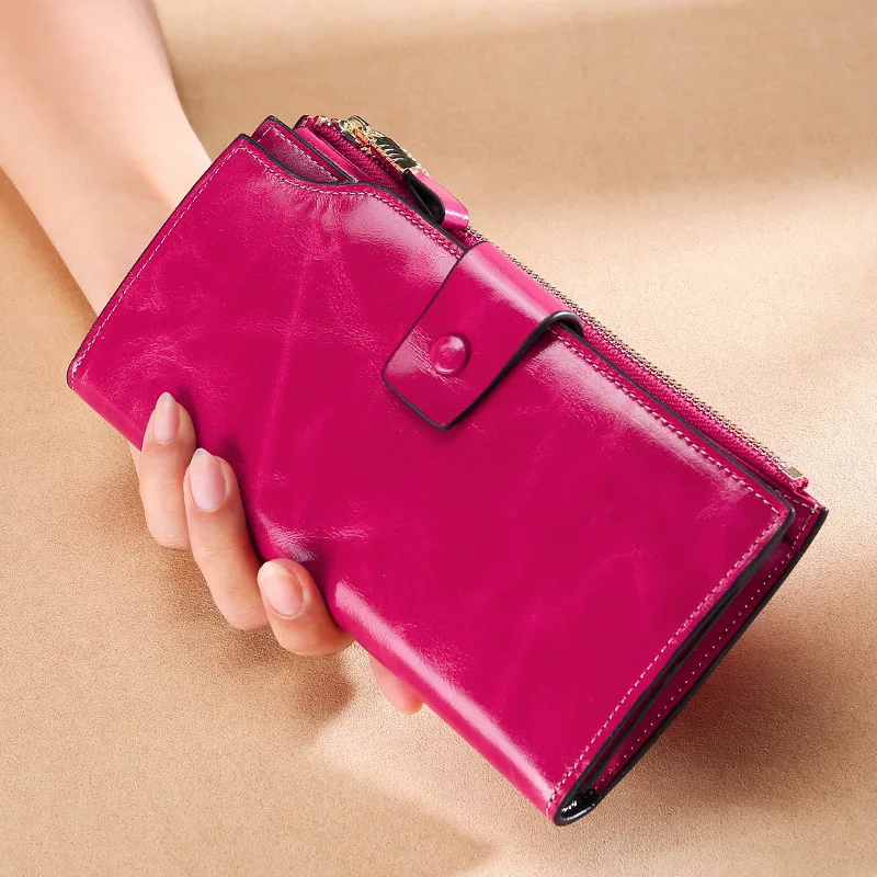 Top Trends: RFID Blocking Wallets Genuine Leather Women Long Lady Leather Purse Brand Design Luxury Oil Wax Leather Female Wallet Coin Purse Shoppable Styles