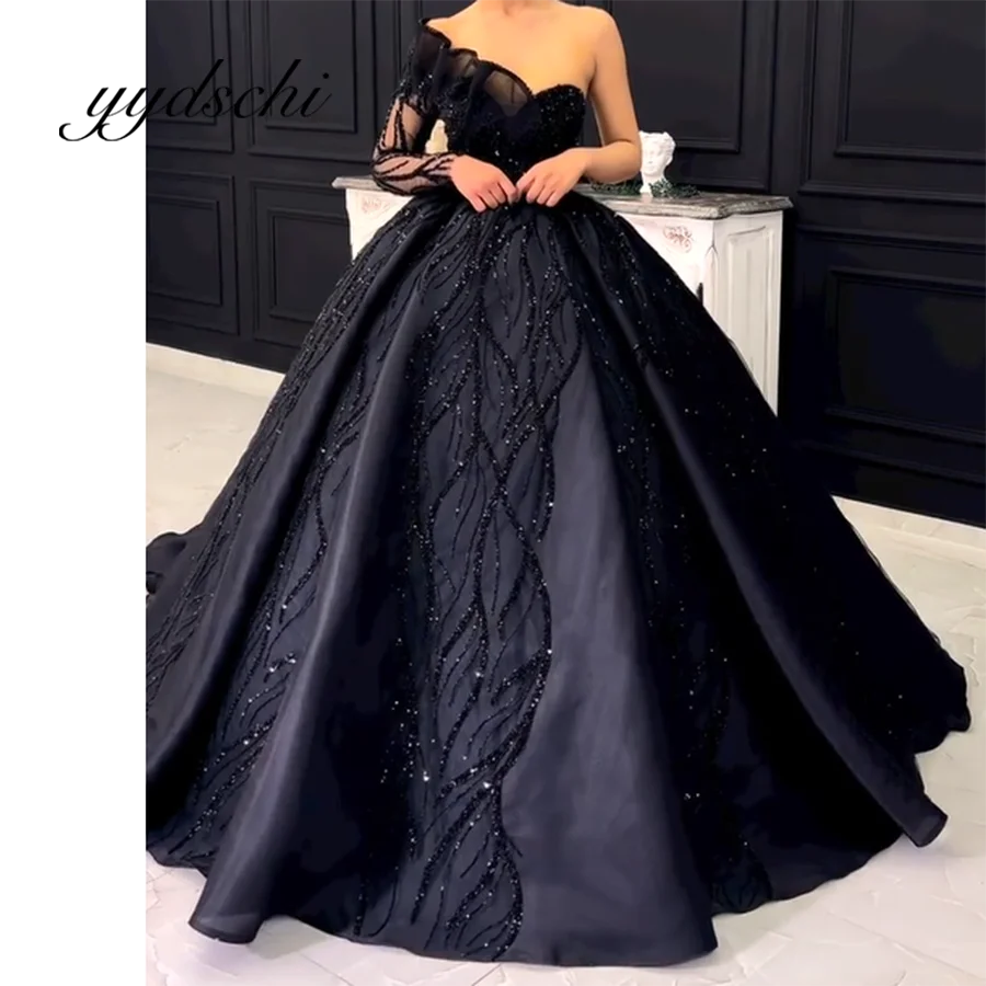 Top Trends: One-Shoulder Sweatheart Prom Dress Sexy Exquisite Floor Length Satin Lace Sleeveless Black Beading Dresses For Women Ball Gown Shoppable Styles