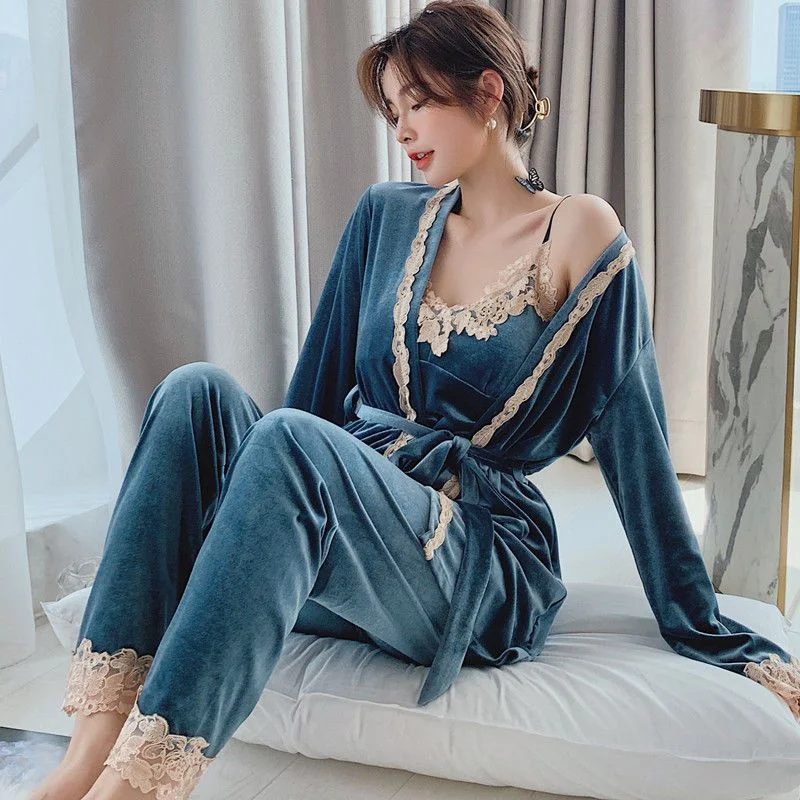 Top Trends: Velvet Pajamas Set - Sexy Full Sleepwear For Women, Pyjama, Women's Autumn / Winter Fashion, Soft Lace 3PCS / Set Homewear, Plus Size Shoppable Styles