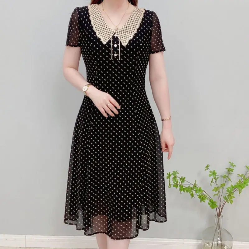 Top Trends: Office Lady Stylish Sweet Peter Pan Collar Dresses Female Clothing Casual Printed Summer Short Sleeve A-Line Waist Midi Dress Shoppable Styles