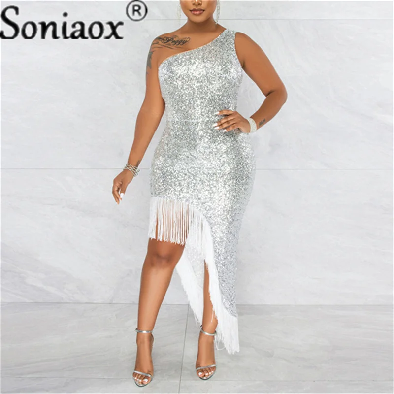 Top Trends: Women Sexy One Shoulder Solid Shiny Sequin Fringe Dress Ladies Tassel Irregular Slit Elegant Evening Prom Party Dress 2022 New Shoppable Styles