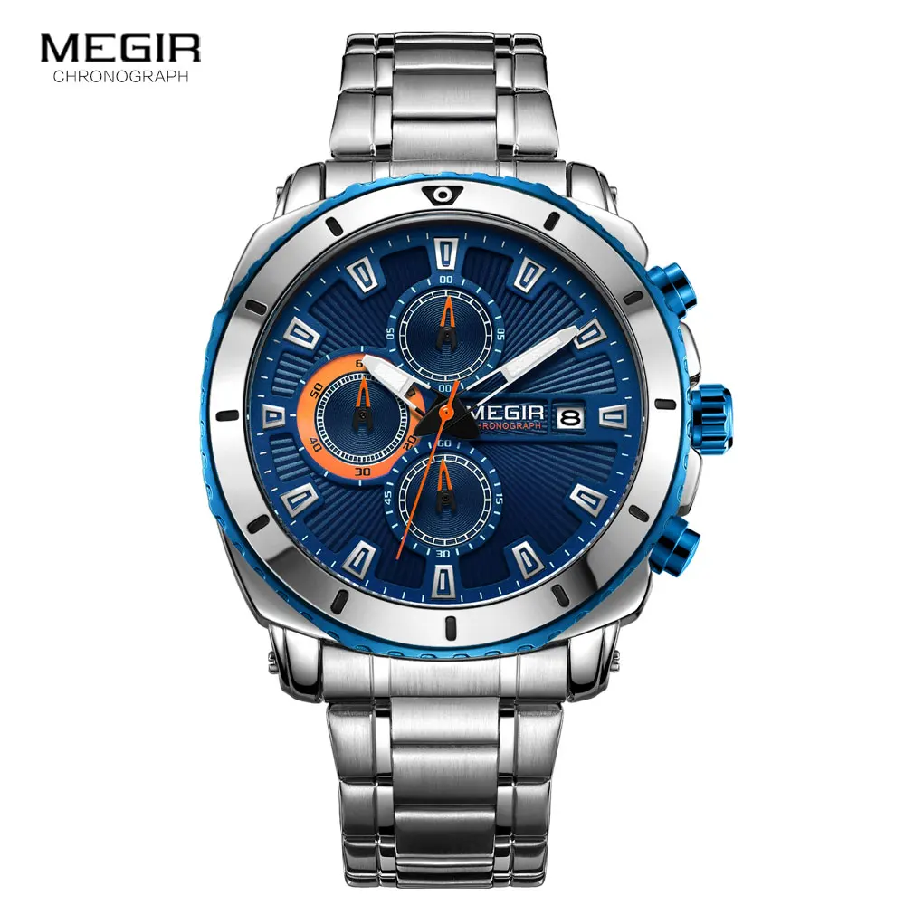 Top Trends: MEGIR Men's Blue Dial Chronograph Quartz Watches Fashion Stainless Steel Analogue Wristwatches For Man Luminous Hands 2075G-2 Shoppable Styles - Image 4