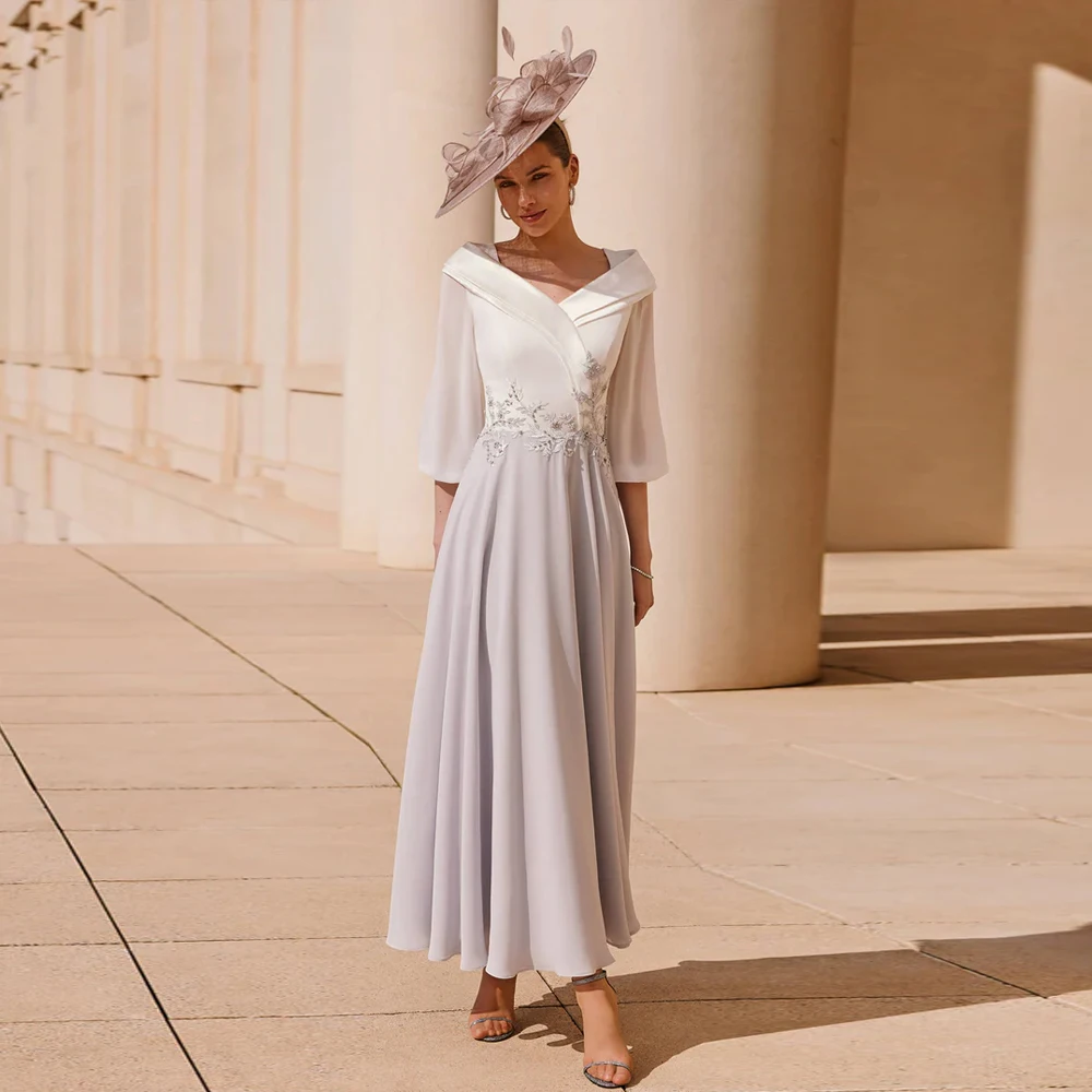 Top Trends: Elegant Chiffon Mother Of The Bride Dresses V Neck 3 / 4 Sleeves Wedding Party Dress Appliques A-Line Ankle-Length فساتين السهرة Shoppable Styles