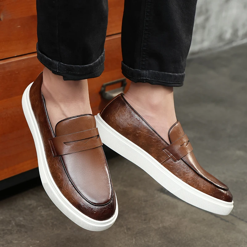 Top Trends: Black Men's Vulcanize Shoes Slip-On Brown Pu Leather Sneakers Shoes For Men With Size 38-44 Shoppable Styles