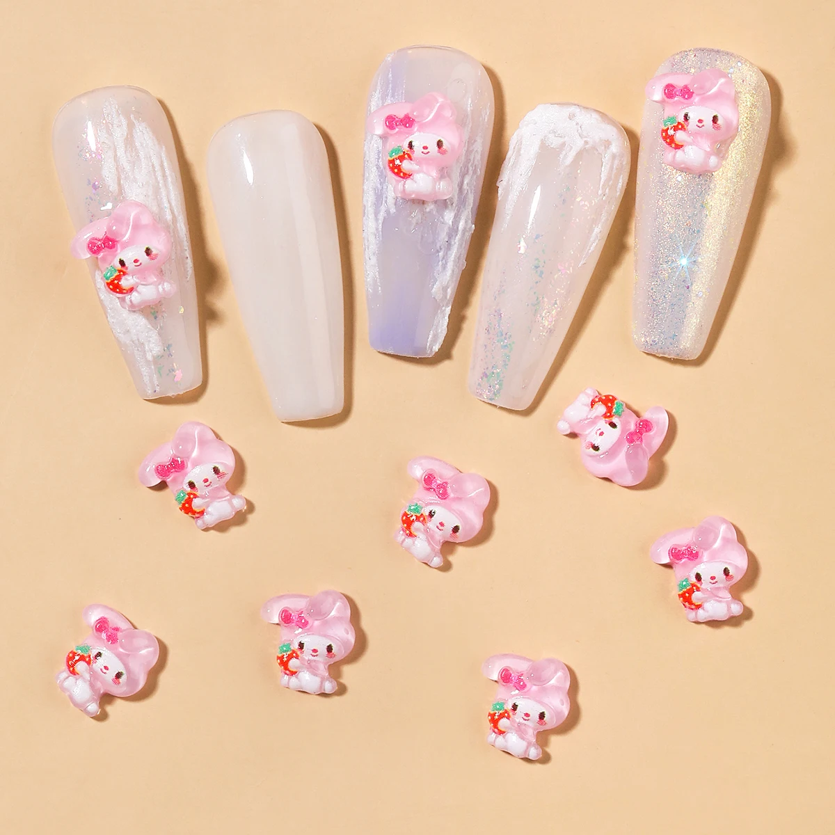 Top Trends: 50pcs 3D Resin Nail Charms Cartoon Cute Pink Rabbit Embrace Strawberry Nail Parts Accessories Kawaii DIY Nail Art Decoration Shoppable Styles