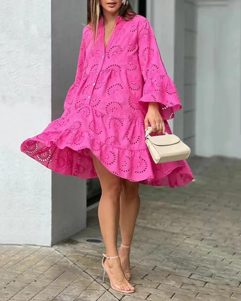 Top Trends: Lace Flower Sexy Dresses New Summer European &amp; American Fashion Women&#039;s Solid Color V-Neck Loose Embroidery Hollow Elegant Dress Shoppable Styles