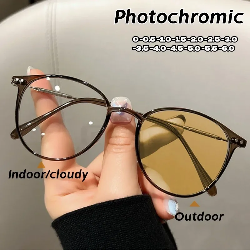 Top Trends: Women Trendy Photochromic Myopia Glasses Anti Blue Light Short Sighted Eyewear Finished Round Sunglasses Goggle Diopter 0~-6.0 Shoppable Styles