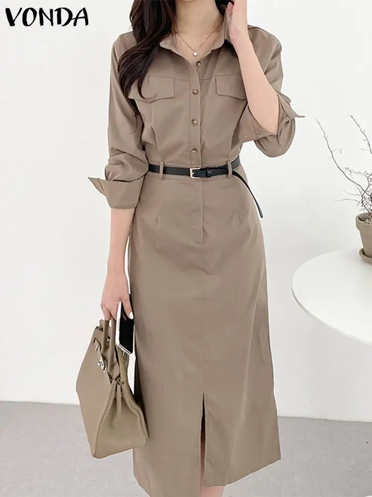 Top Trends: Office Dress VONDA Elegant Women Summer Long Sleeve Long Shirt Sundress Robe 2023 Fashion Dress Casual Solid Color Midi Vestidos Shoppable Styles