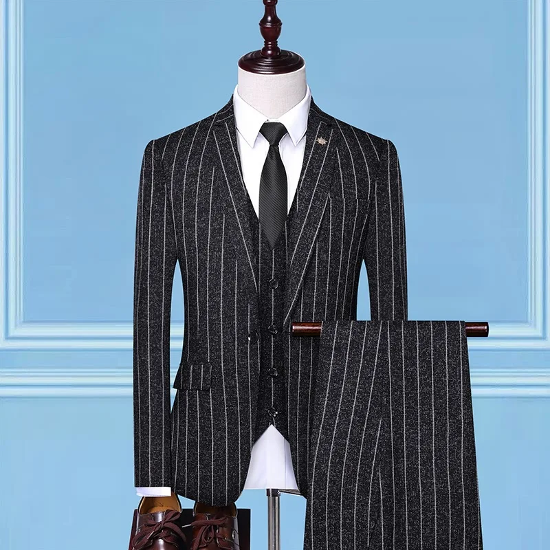 Top Trends: Men Suit (Blazer+ Vest+ Pant) Black Gray One Button Stripe Wedding Dress Banquet Business Elegant Slim Fit Jacket Male 3 Piece Set Shoppable Styles