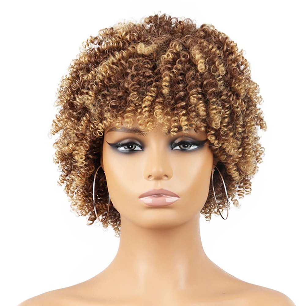 Top Trends: Short Curly Gold Gradient Synthetic Afro Wig With Bangs Natural Wig Heat Resistant Fiber Cosplay Woman Shoppable Styles