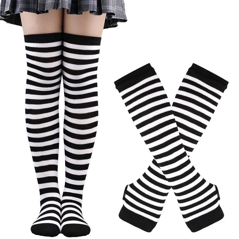 Top Trends: 1 Set Women Gothic Punk Over Knee Long Stripe Socks Arm Sleeve Gloves For Girl Thigh High Cotton Socks Sweet Cute Christmas Gift Shoppable Styles