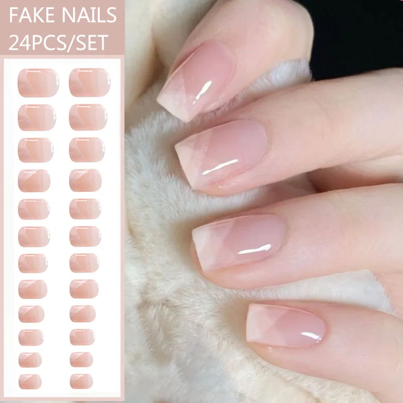 Top Trends: 24pcs French Fake Nails Short Art Nail Tips Press Stick On False With Designs Full Cover Artificial Pink Wearable Christmas Tips Shoppable Styles