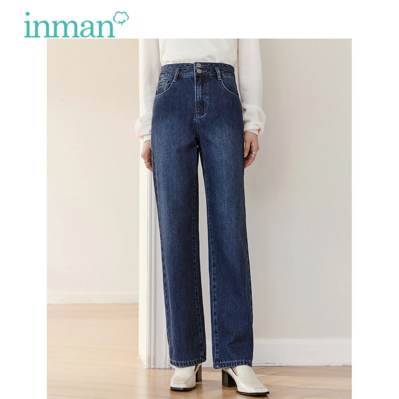 Top Trends: INMAN Women Jeans 2023 Autumn High Waist Straight Loose Wide-leg Denim Pants Double Buckle Fashion Casual All-match Trousers Shoppable Styles