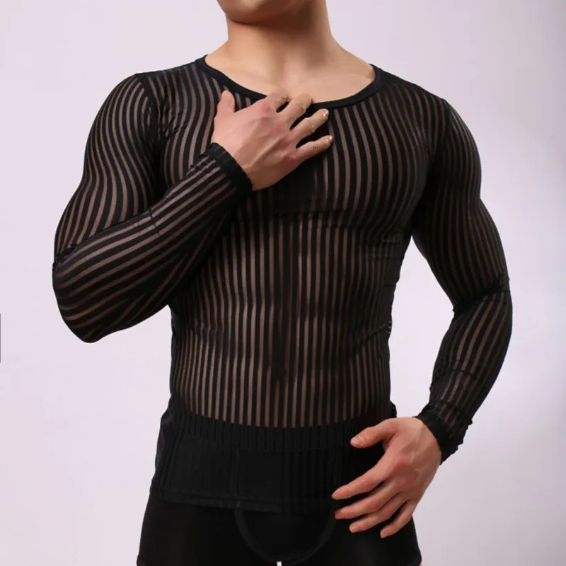 Top Trends: Mens Stripe Undershirt Breathable Slim Mesh Tees Shirt See Through Sheer Long Sleeves T Shirts Sexy Transparent Shirt Underwear Shoppable Styles