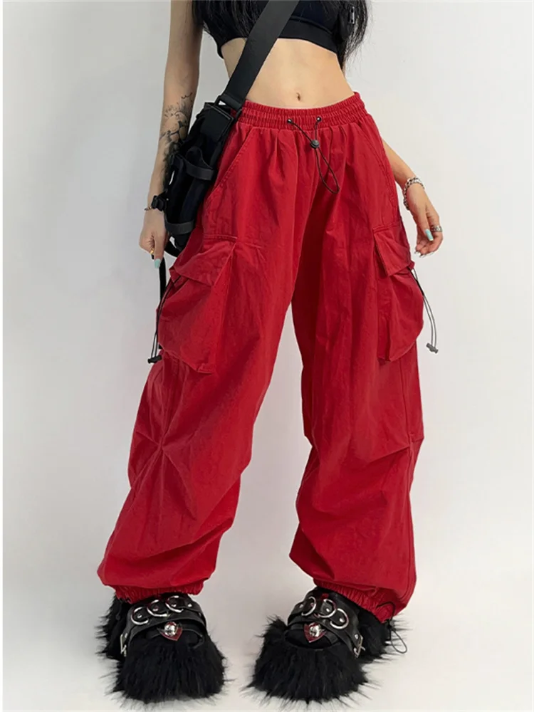 Top Trends: QWEEK Cyber Y2K Red Parachute Pants Women Hip Hop Streetwear Gray Cargo Trousers Oversized Egirl Punk Black Wide Leg Pantalones Shoppable Styles