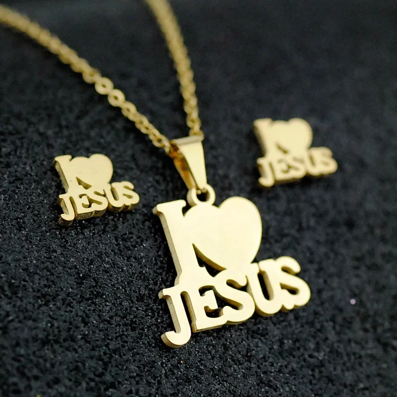 Top Trends: Fashion Stainless Steel Jesus Cross Men Charm Heart Letter Pendant Necklace Jewelry Set Chain Christian Symbol Jewelry Gifts Shoppable Styles