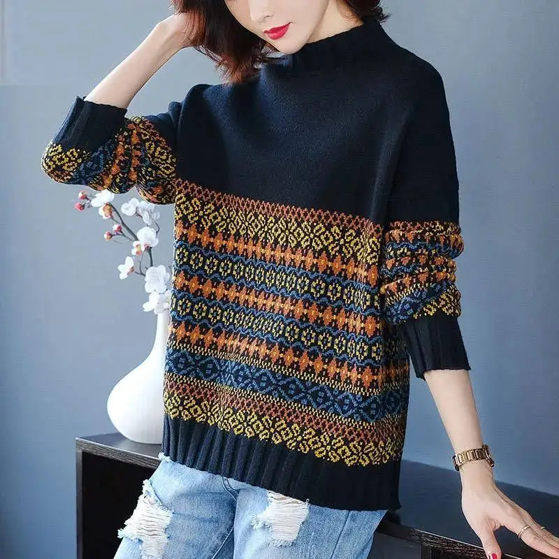 Top Trends: Women Vintage Ethnic Style Jacquard Knitted Sweaters Autumn Winter Korean Fashion Half High Collar Long Sleeve Tops Loose Jumper Shoppable Styles