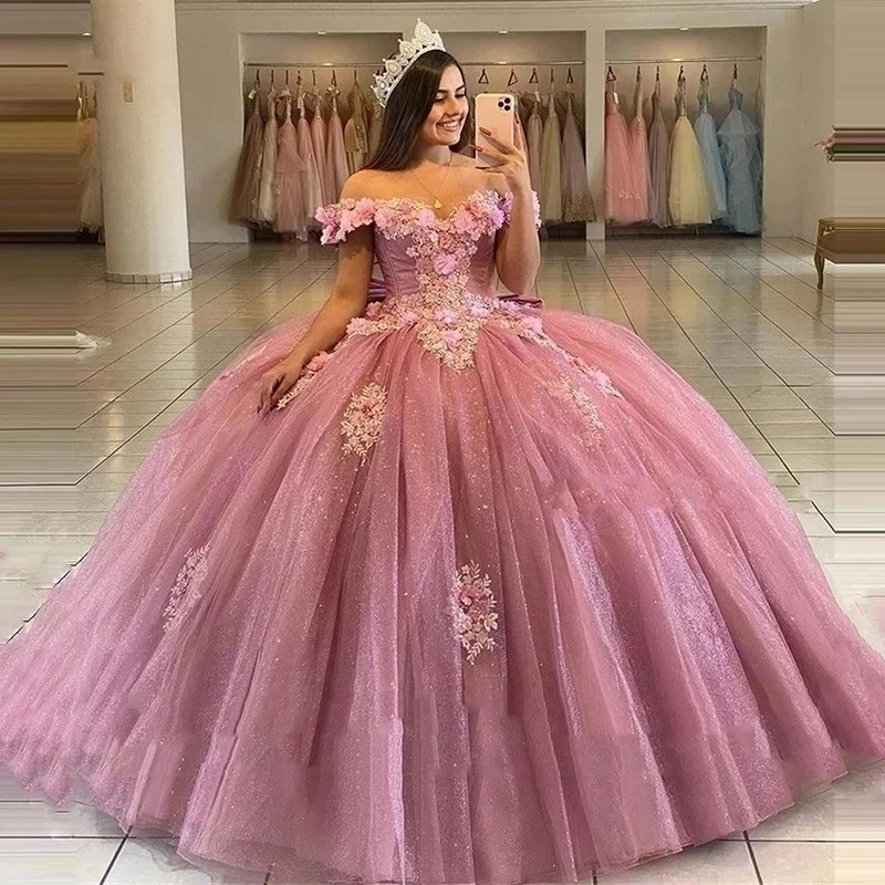 Top Trends: ANGELSBRIDIP-Off Shoulder Shiny Quinceañera Dress Flower Appliques Ball Gown 15 Birthday Party Dresses Corset Shoppable Styles