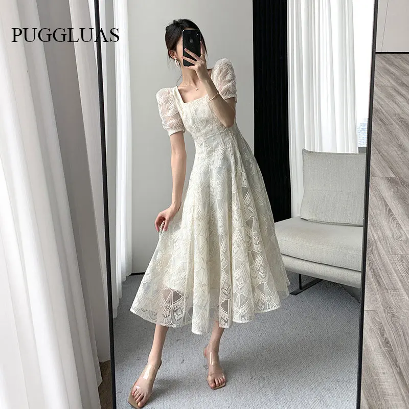 Top Trends: Summer French Style Lace Women Elegant Square Collar Party Midi Dress Female Fashion A Line Apricot Ruffle Lady Clothes Vestidos Shoppable Styles