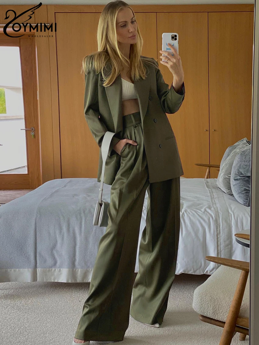 Top Trends: Oymimi Winter Loose Green Pants Set Women 2 Pieces 2024 Fashion Long Sleeve Blazer With High Waist Wide Trousers Suits Female Shoppable Styles