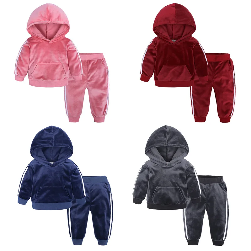 Top Trends: 2023 Spring Autumn Infant Toddler Hooded Sweatshirt Baby Boys Girls Gold Velvet Casual Sports Set Coat+ Long Pants Two-piece Suit Shoppable Styles