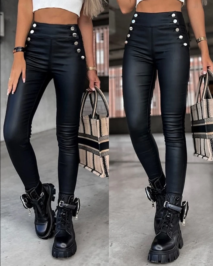 Top Trends: Women&#039;s Pants High Waist Buttoned PU Leather Skinny Pants Women Pants New Trousers High Waist Elegant Shoppable Styles