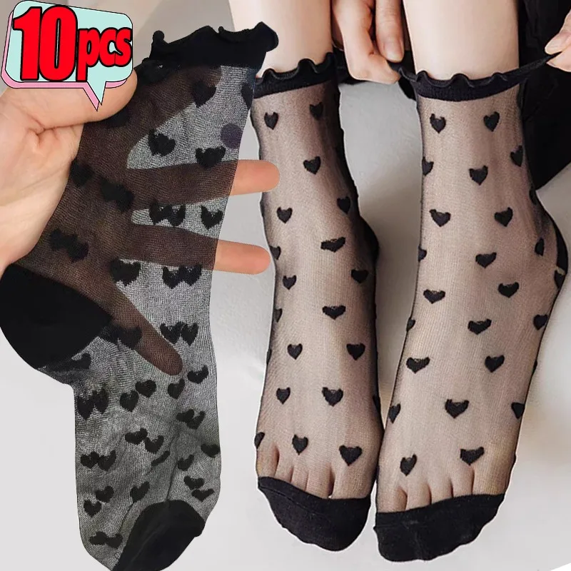 Top Trends: Transparent Summer Wood Ear Edge Socks Heart Stocking Ultrathin Women Nylon Female Short Ankle Elastic Crystal Spring Silk Sox Shoppable Styles