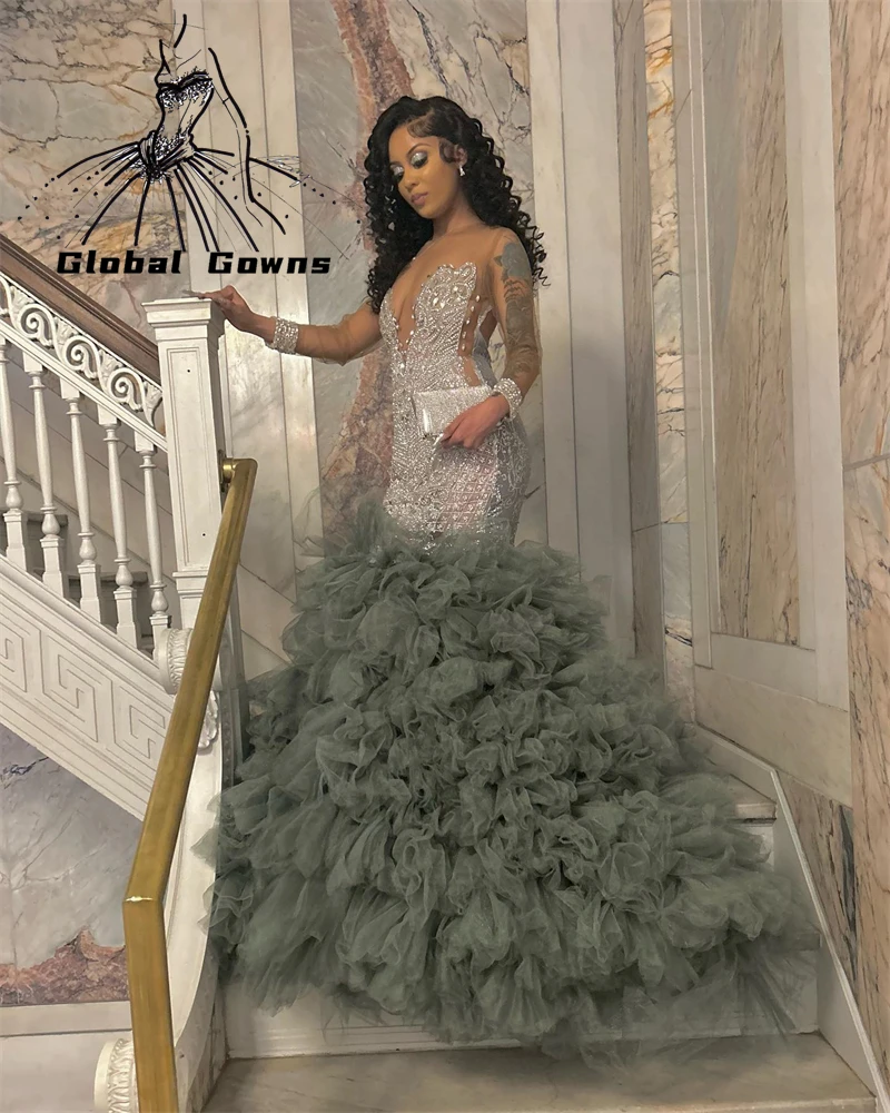 Top Trends: Silver Sheer O Neck Long Prom Dress For Black Girls 2023 Beaded Crystal Birthday Party Dresses Ruffles Evening Gowns Mermaid Rob Shoppable Styles