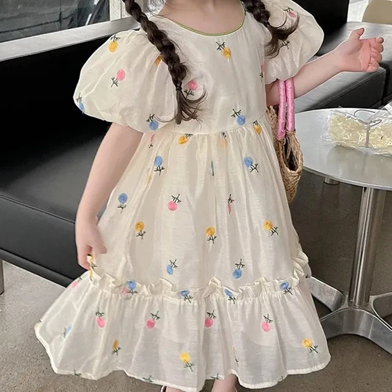 Top Trends: Girls Princess Dress Summer Beige Elegant Princess Dress With Green Bow Kids Birthday Party Clothes 4-10 Years Old Shoppable Styles - Image 4