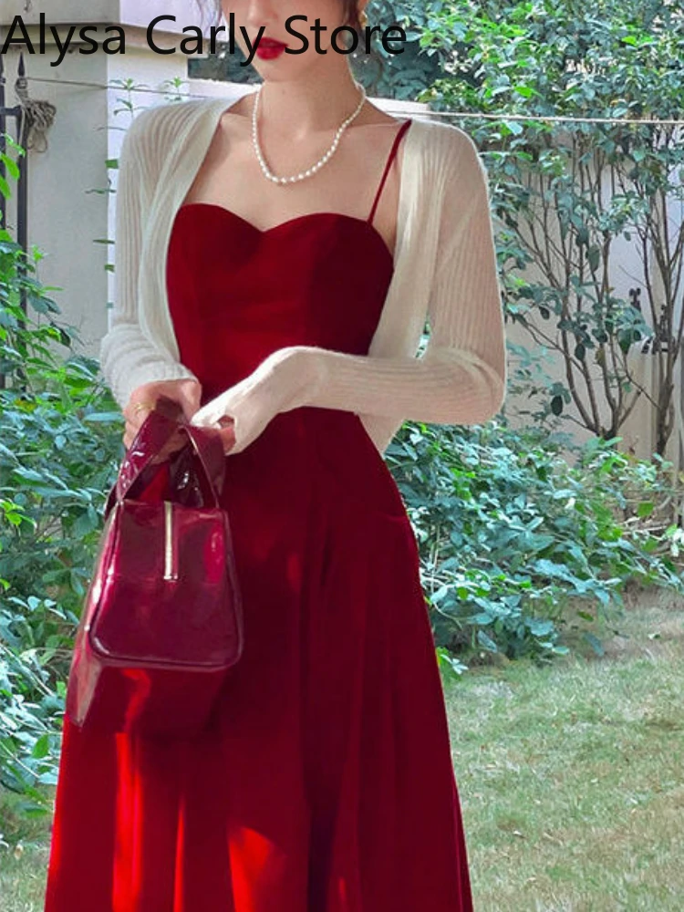 Top Trends: 2022 Summer French Vintage Strap Dress Women Red Elegent Korean Party Midi Dress Female Sexy Backless Evening Beach Fairy Dress Shoppable Styles