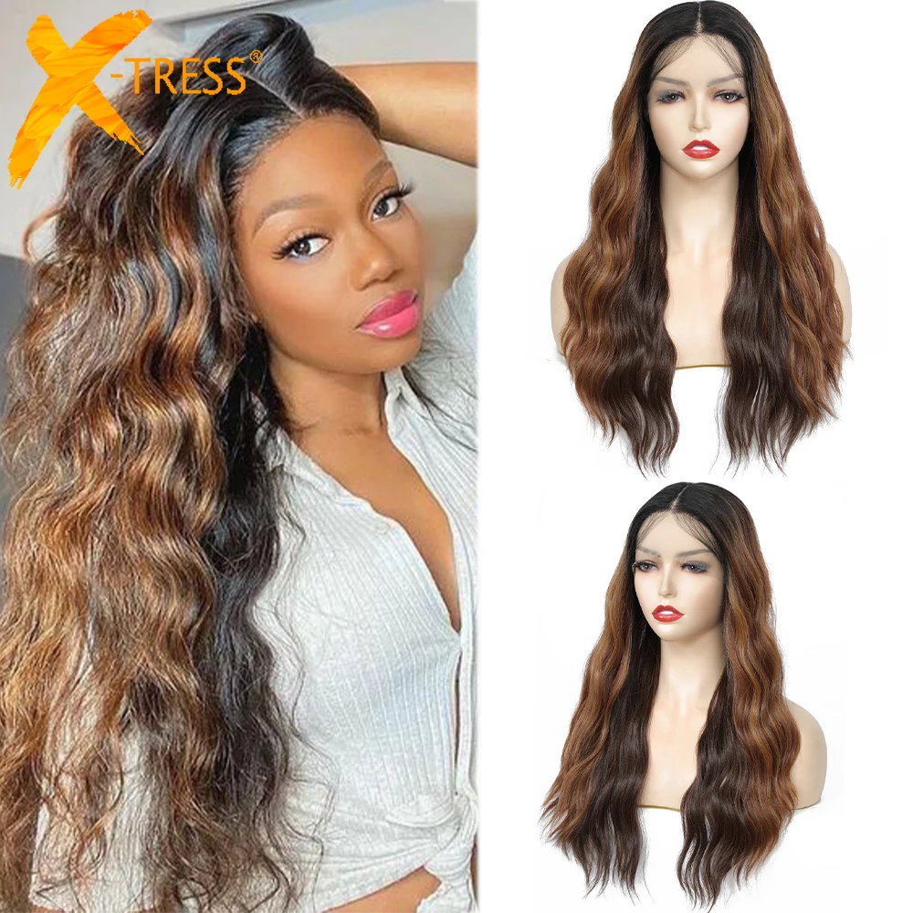 Top Trends: X-TRESS Synthetic Lace Wigs Ombre Brown Color Long Natural Wave Middle Free Part Hair Soft Wig For Women Heat Resistant Fiber Shoppable Styles