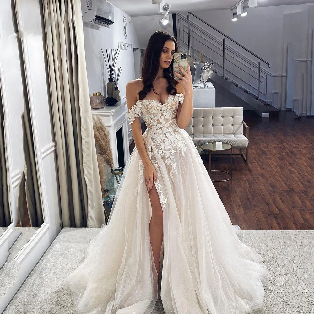 Top Trends: Sexy Ladies Off Shoulder Lace Appliqué Beach Wedding Dress Boho Side High Slit Bridal Gowns Sleeveless Robe De Mariée 2023 Noiva Shoppable Styles