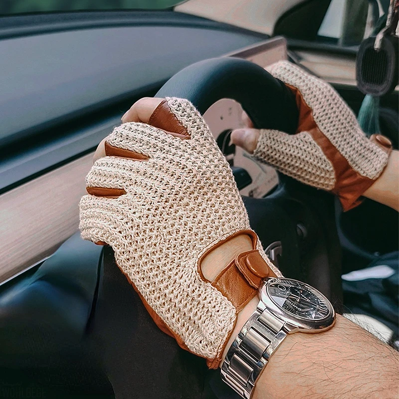 Top Trends: Men Driving Gloves Motorcycle Locomotive Half Finger Sheepskin Gloves Knitted Leather Male Car Gloves Guantes De Trabajo Shoppable Styles