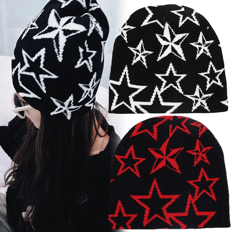 Top Trends: Fashion Knitting Star Printed Cap Men Women Pullover Pile Cap Paragraph Quality Beanie Y2k Warm Ins New Soybean Wool Cold Cap Shoppable Styles - Image 2