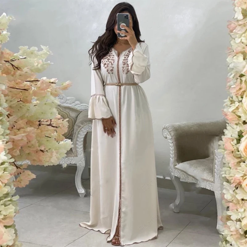 Top Trends: Elegant Moroccan Caftan White Evening Dresses Long Sleeves 2022 For Women Party Arabic Muslim Abaya Formal Gowns Shoppable Styles