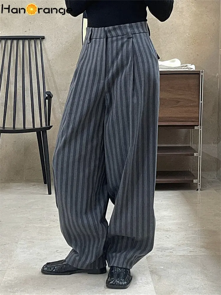 Top Trends: HanOrange 2024 Autumn Winter Vintage Textured Striped Wide Leg Pants Women High Waist Loose Trousers Female Gray Shoppable Styles