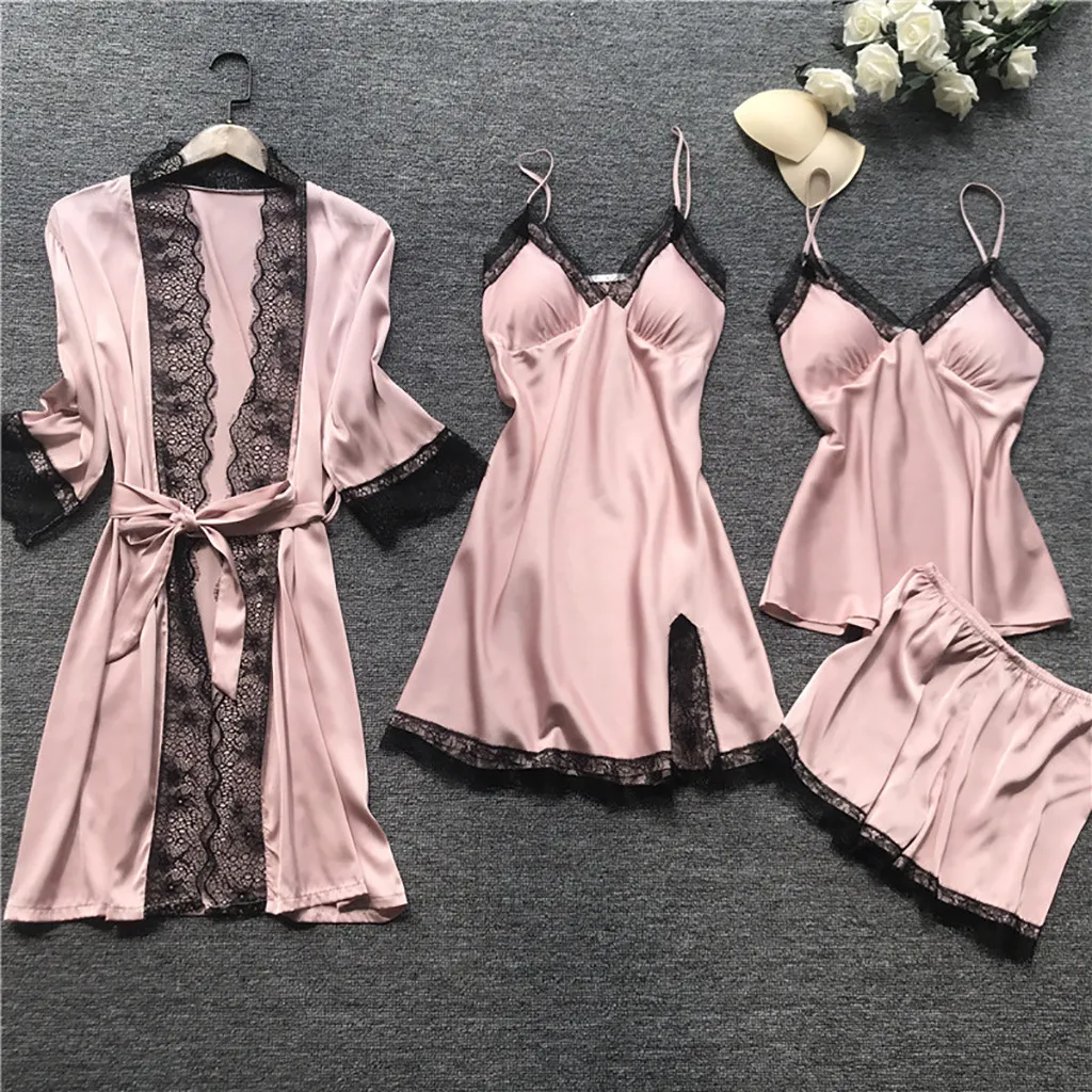 Top Trends: 4 Pieces Pajamas Sets Satin Sleepwear Women Silk Nightwear Pyjama Strap Lace Sleep Lounge Pajama With Chest Pads Gifts Shoppable Styles