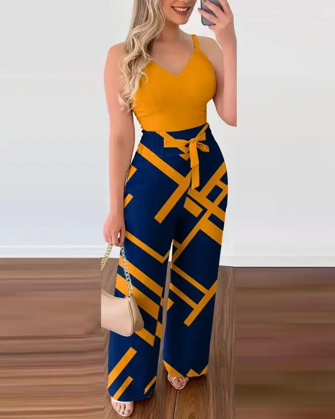 Top Trends: Two Piece Sets Womens Outifits 2023 Summer Fashion Shirred V-Neck Cami Top & Geometric Print High Waist Pocket Design Pants Set Shoppable Styles