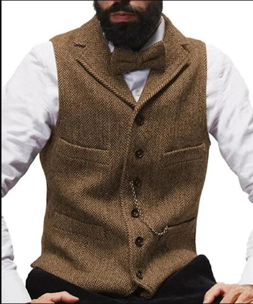 Top Trends: Lapel V Neck Wool Herringbone Casual Formal Business Vest Mens Vest Waistcoat For Men Any Occasion Green / Burgundy / Brown Shoppable Styles