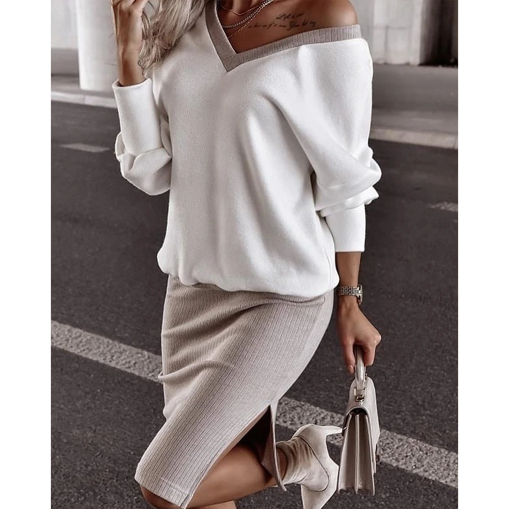 Top Trends: Summer Women Long Sleeve V Neck Top & Split Hem Midi Skirt Set Female Casual Two Pieces Set Spring Autumn Work Office Clothes Shoppable Styles