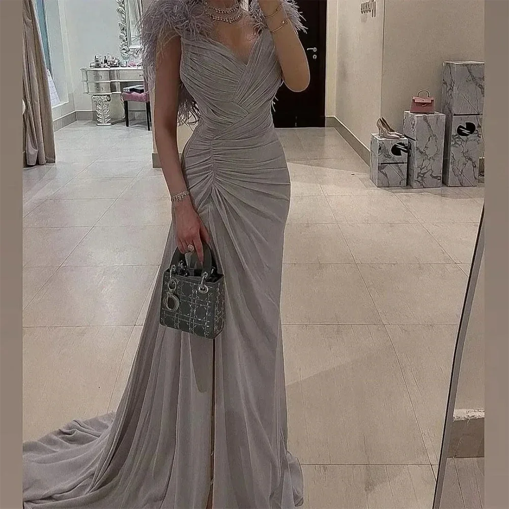 Top Trends: Luxury Silver Gray Feather Mermaid Evening Dresses High Collar Sleeveless Saudi Arabia Dubai Prom Dress Wedding Party Dresses Shoppable Styles