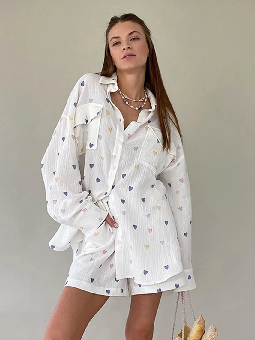 Top Trends: Marthaqiqi Fashion Women Nightwear Suit Long Sleeve Nightgown Turn-Down Collar Sleepwear Shorts Causal Printing Femme Pajama Set Shoppable Styles