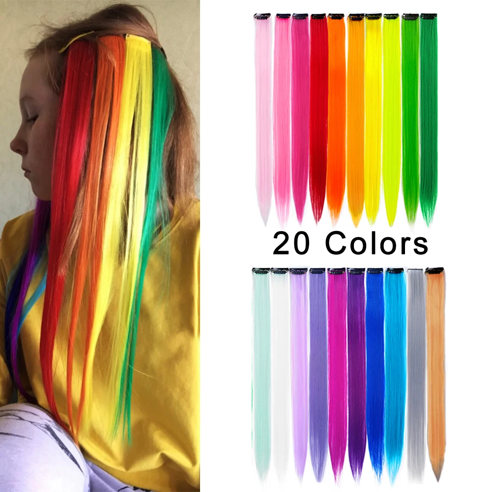 Top Trends: 20PCS / Pack Colored Highlight Synthetic Hair Extensions Rainbow 22inch Straight Hairpieces For Women Kids Girls Purple Pink Blue Shoppable Styles