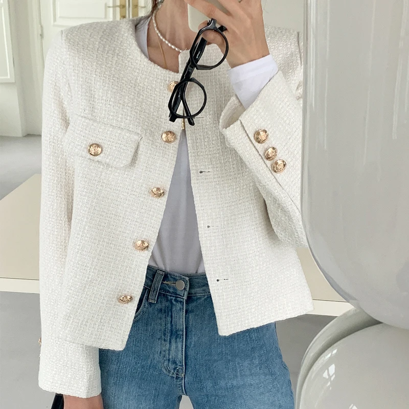 Top Trends: French Wool Tweed Coat Fashion High-end Gold Button Short Slim Temperament Autumn Winter Korean Coats Women Jacket Korea 2023 Shoppable Styles