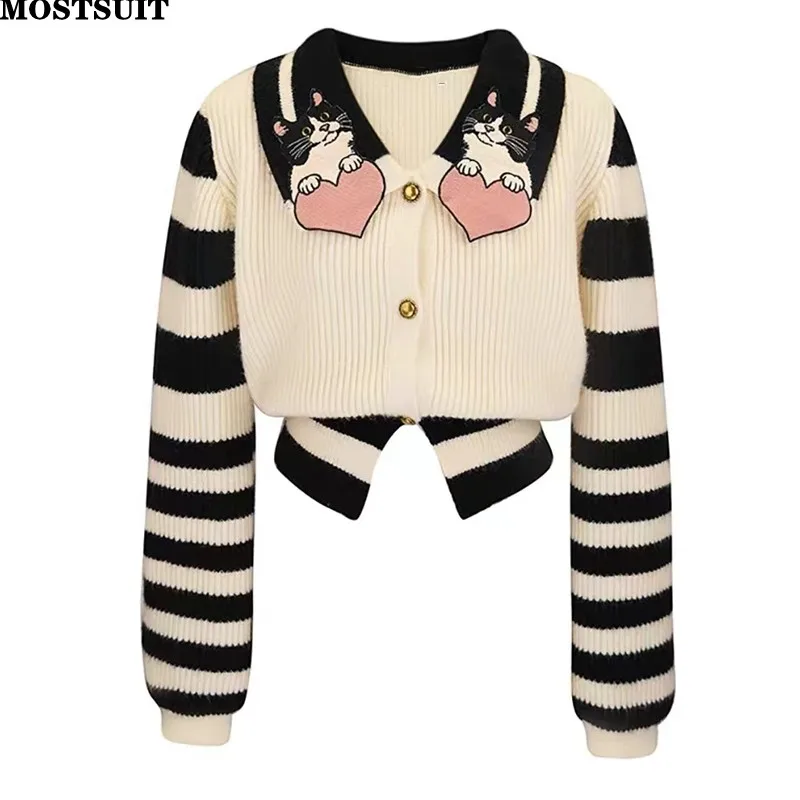 Top Trends: Cartoon Embroidered Stylish Knit Cardigan Sweater Women Striped Elegant Fashion Chic Knitwear 2024 Spring Long Sleeve Jumpers Shoppable Styles